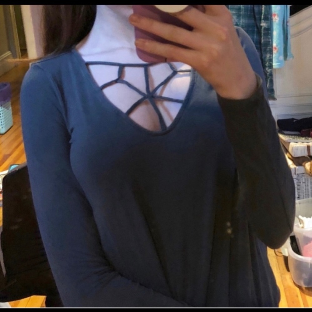 AEO SOFT & SEXY LONG SLEEVE TEE GRAY CAGE NECK
